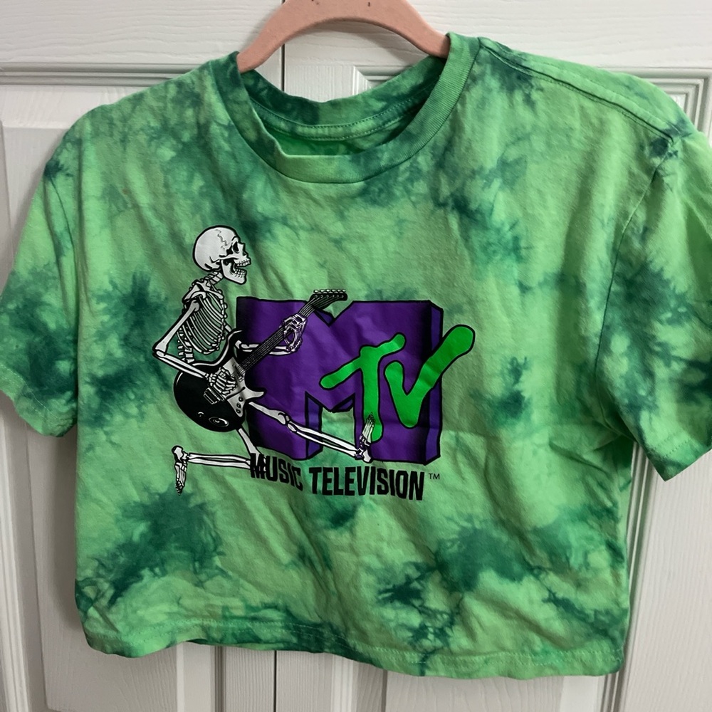 MTV Green Tie-Dye Skeleton Guitar Crop Tee with Purple Logo